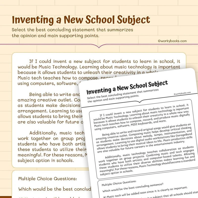 Inventing a New School Subject — ela worksheet for Grade 5, page 1 of 3