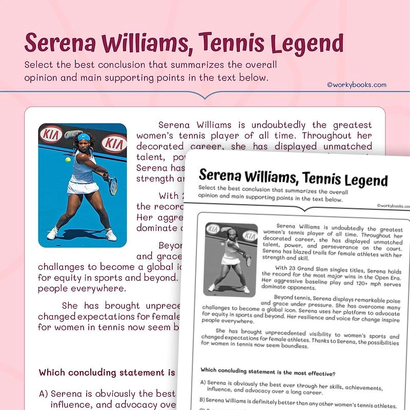 Serena Williams, Tennis Legend — ela worksheet for Grade 5, page 1 of 3