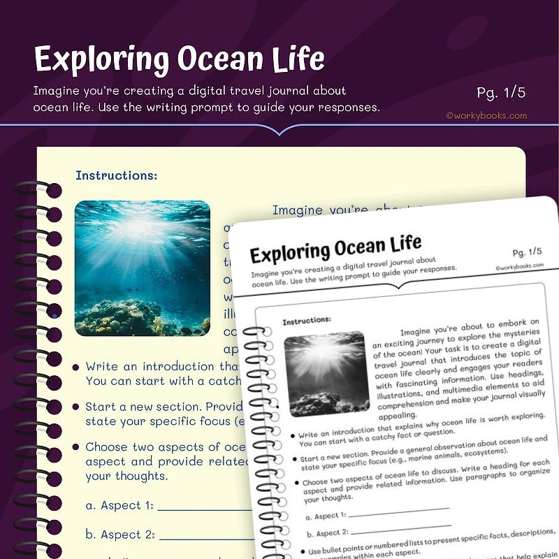 Ocean Writing Prompts — ela worksheet for Grade 5, page 1 of 3