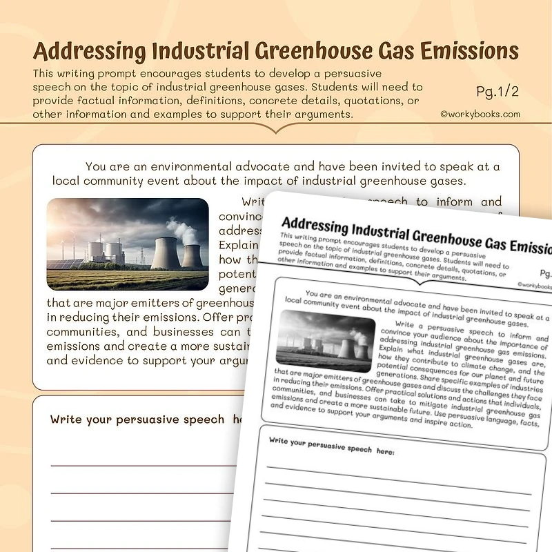 Addressing Industrial Greenhouse Gas Emissions — ela worksheet for Grade 5, page 1 of 3