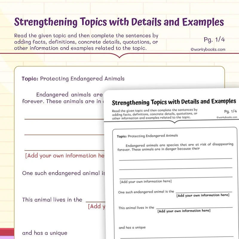 Strengthening Topics with Details and Examples — ela worksheet for Grade 5, page 1 of 3