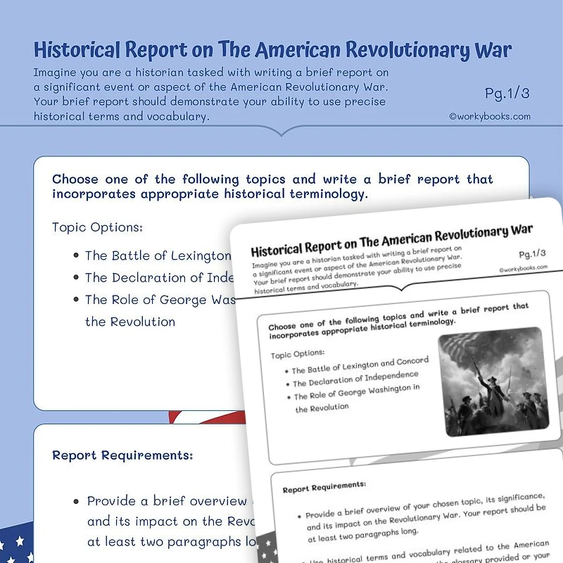 Historical Report on The American Revolutionary War — ela worksheet for Grade 5, page 1 of 3
