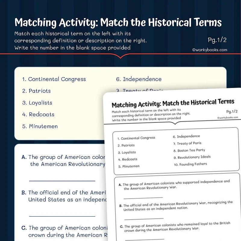 Matching Activity: Match the Historical Terms — ela worksheet for Grade 5, page 1 of 3