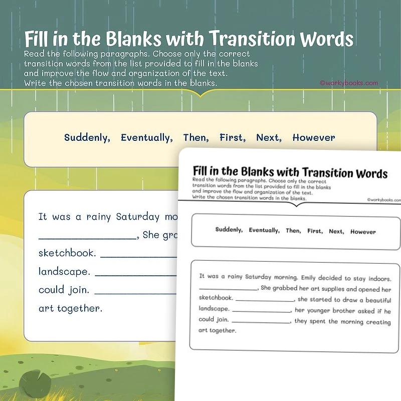 Fill in the Blanks with Transition Words — ela worksheet for Grade 5, page 1 of 3