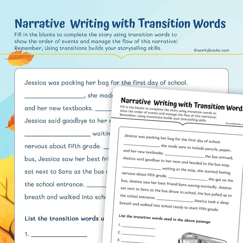Narrative Writing with Transition Words — ela worksheet for Grade 5, page 1 of 3