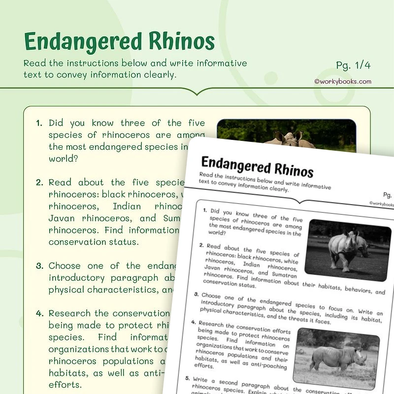 Endangered Rhinos — ela worksheet for Grade 5, page 1 of 3