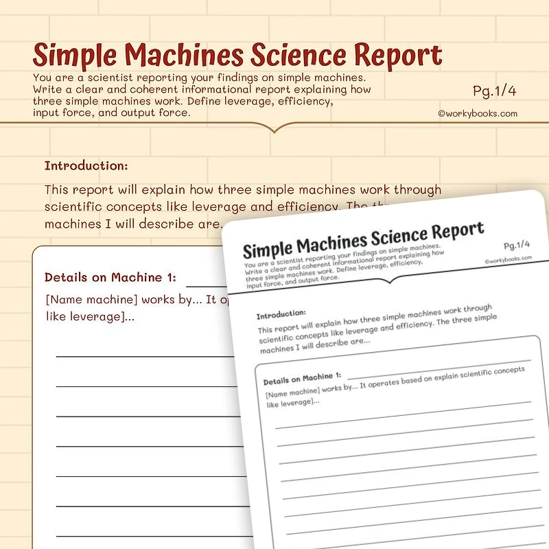 Simple Machines Science Report — ela worksheet for Grade 5, page 1 of 3