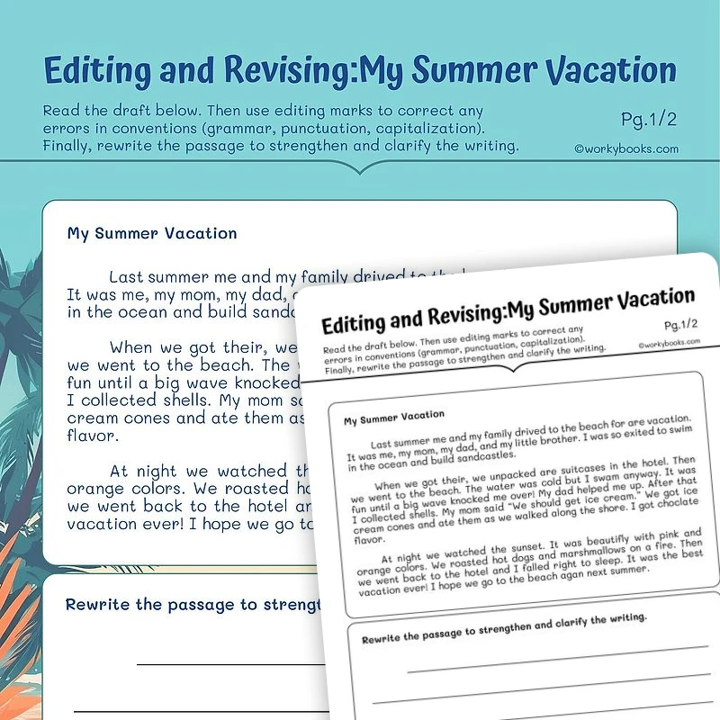 Editing and Revising:My Summer Vacation — worksheet, page 1 of 3