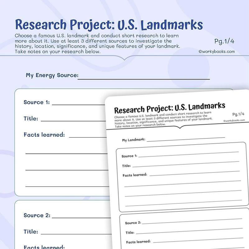 Research Project: U.S. Landmarks — ela worksheet for Grade 5, page 1 of 3