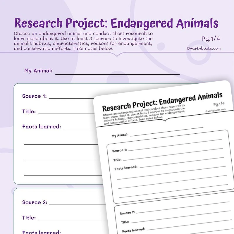 Research Project: Endangered Animals — ela worksheet for Grade 5, page 1 of 3