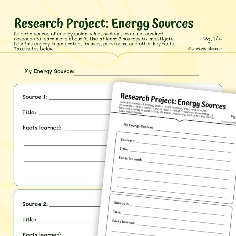 Research Project: Energy Sources — ela worksheet for Grade 5, page 1 of 3