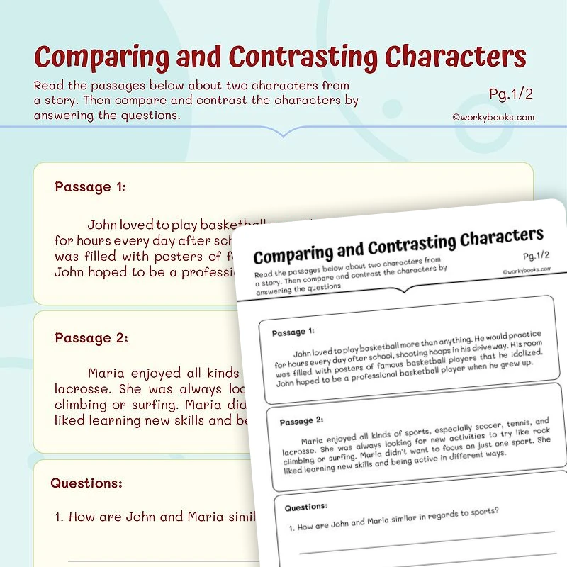Comparing and Contrasting Characters — ela worksheet for Grade 5, page 1 of 3