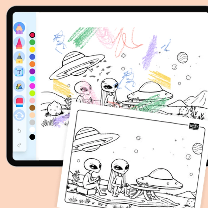 Two Aliens Sitting — coloring-pages coloring page for Grade 1, Grade 2, Grade 3, Grade 4, Grade 5, page 1 of 1