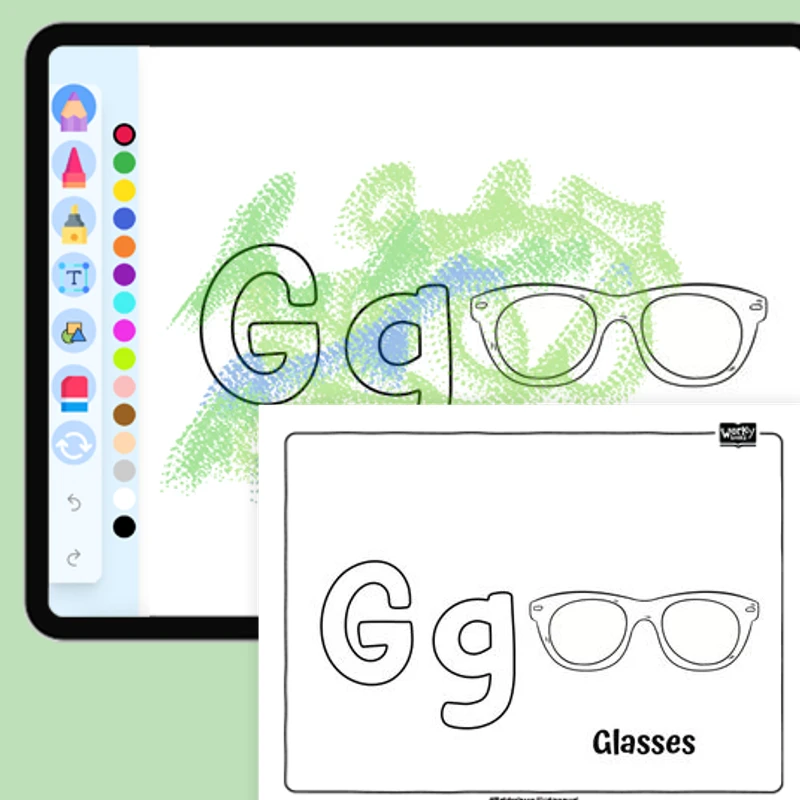 G for Glasses - Everyday Objects — coloring-pages coloring page for Grade 1, Grade 2, Grade 3, Grade 4, Grade 5, page 1 of 1