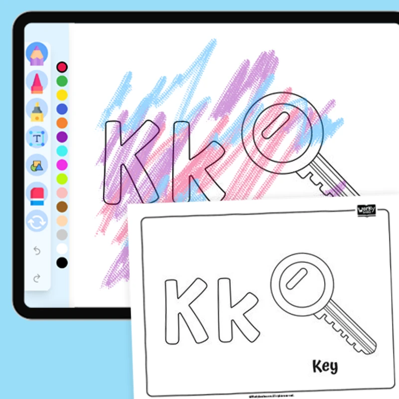 K for Key - Everyday Objects — coloring-pages coloring page for Grade 1, Grade 2, Grade 3, Grade 4, Grade 5, page 1 of 1