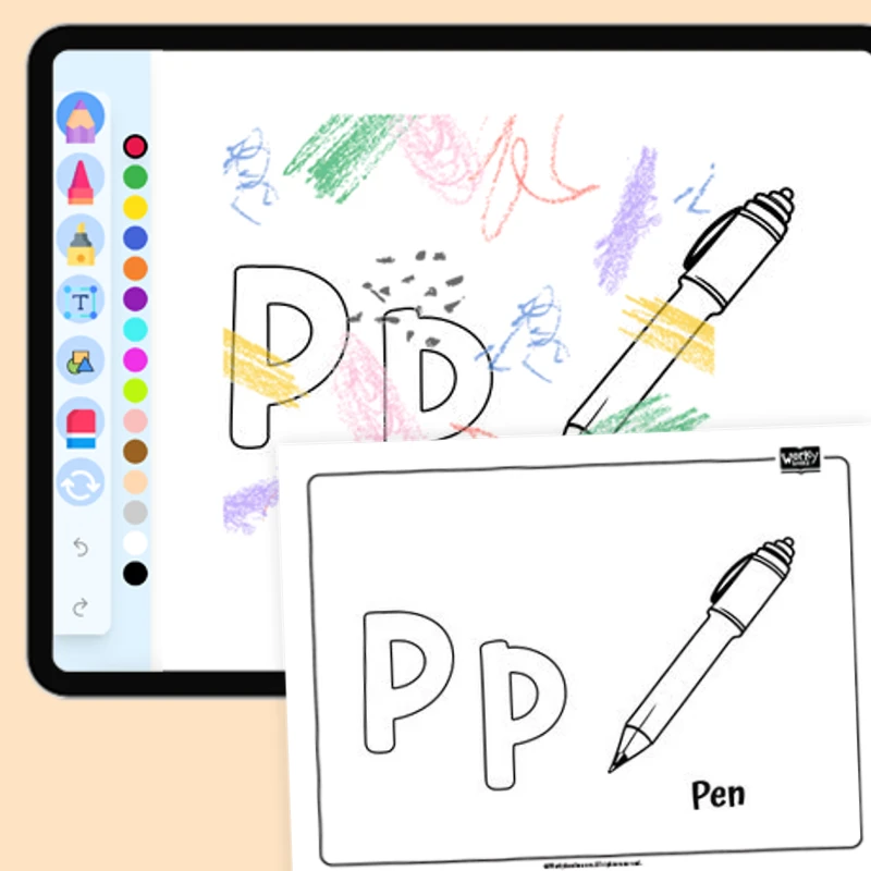 P for Pen - Everyday Objects — coloring-pages coloring page for Grade 1, Grade 2, Grade 3, Grade 4, Grade 5, page 1 of 1