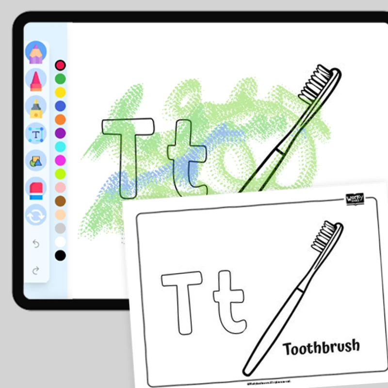 T for Toothbrush - Everyday Objects — coloring-pages coloring page for Grade 1, Grade 2, Grade 3, Grade 4, Grade 5, page 1 of 1