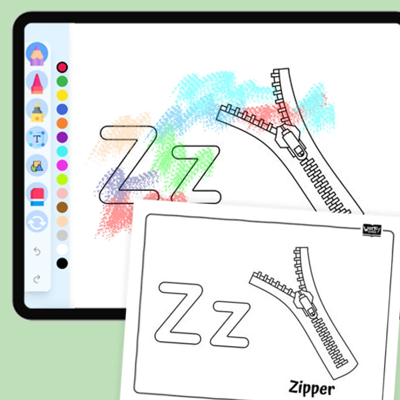 Z for Zipper - Everyday Objects — coloring-pages coloring page for Grade 1, Grade 2, Grade 3, Grade 4, Grade 5, page 1 of 1
