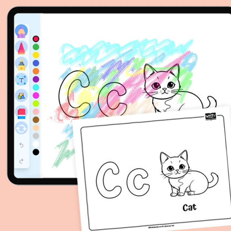 Curious Cat, Alphabet C — coloring-pages coloring page for Grade 1, Grade 2, Grade 3, Grade 4, Grade 5, page 1 of 1