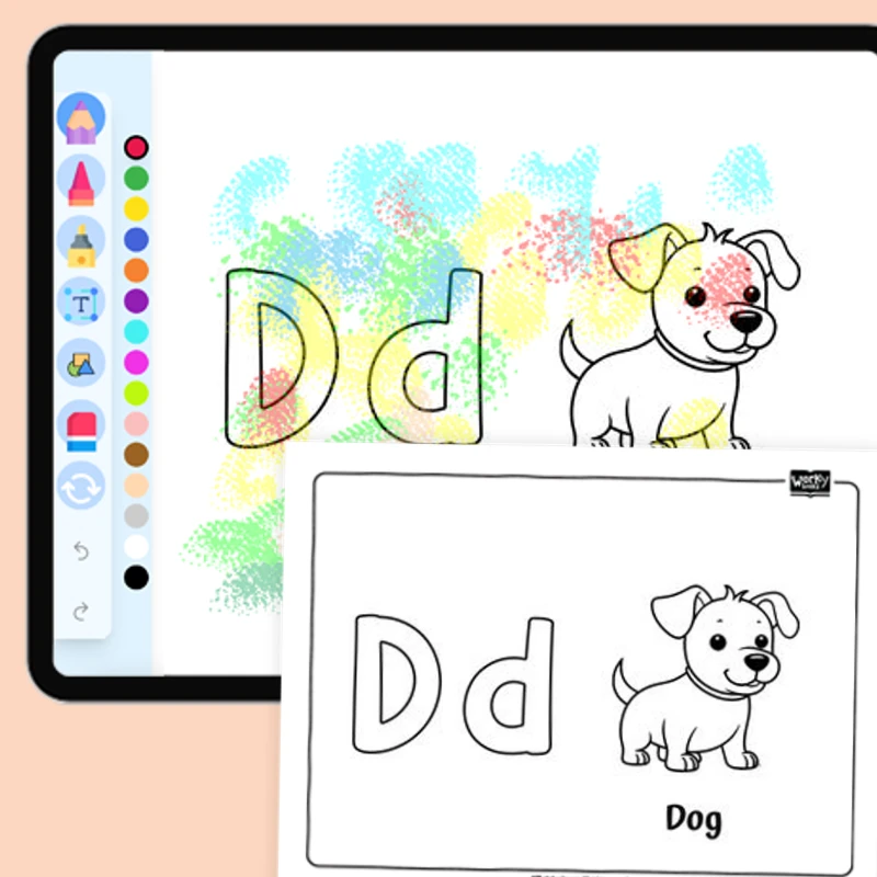 Dashing Dog, Alphabet D — coloring-pages coloring page for Grade 1, Grade 2, Grade 3, Grade 4, Grade 5, page 1 of 1