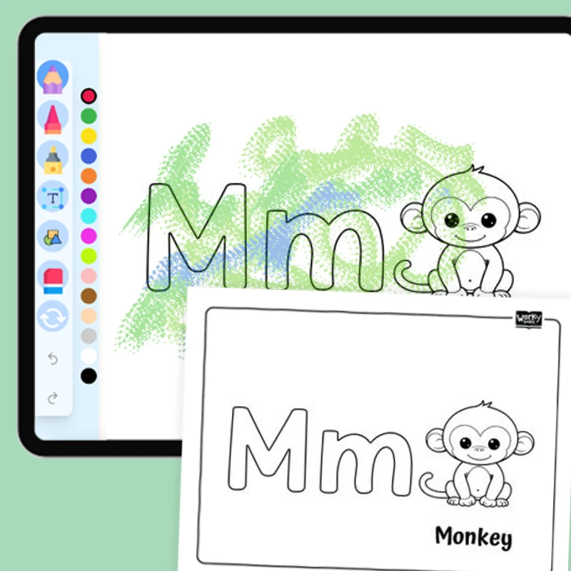 Animal Alphabet Coloring Page, Monkey — coloring-pages coloring page for Grade 1, Grade 2, Grade 3, Grade 4, Grade 5, page 1 of 1