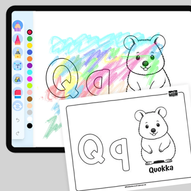 Quirky Quokka, Alphabet Q — coloring-pages coloring page for Grade 1, Grade 2, Grade 3, Grade 4, Grade 5, page 1 of 1