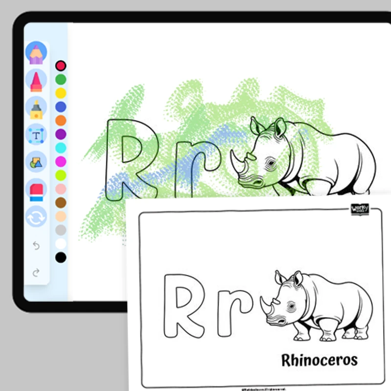 Roaring Rhinoceros, Alphabet R — coloring-pages coloring page for Grade 1, Grade 2, Grade 3, Grade 4, Grade 5, page 1 of 1