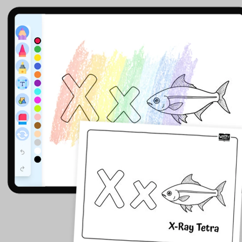 X-Ray Tetra, Alphabet X — coloring-pages coloring page for Grade 1, Grade 2, Grade 3, Grade 4, Grade 5, page 1 of 1