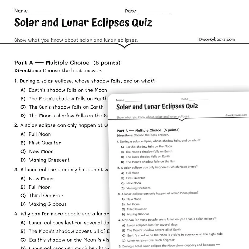 Solar and Lunar Eclipses Quiz — science worksheet for Grade 6, Grade 7, Grade 8, page 1 of null
