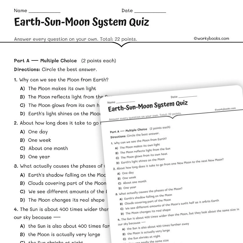 Earth-Sun-Moon System Quiz — science worksheet for Grade 6, Grade 7, Grade 8, page 1 of null