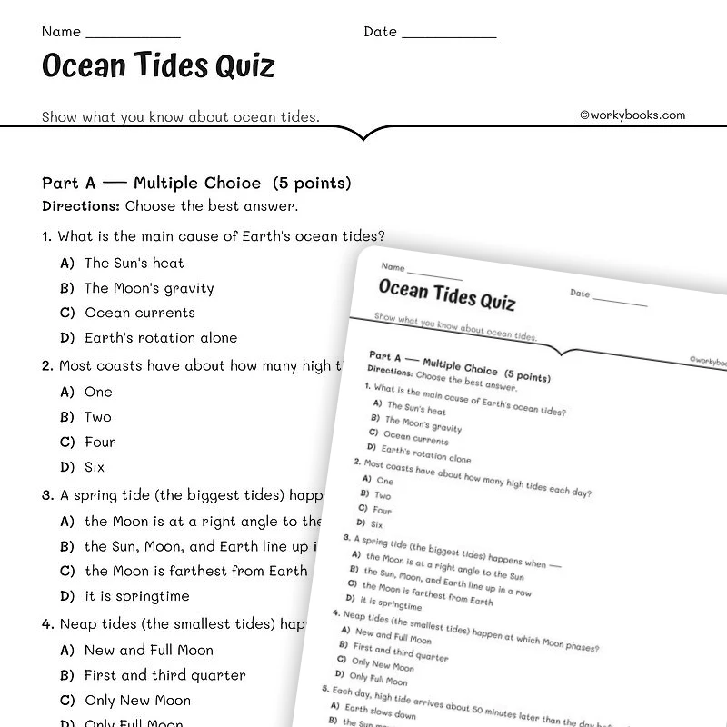 Ocean Tides Quiz — science worksheet for Grade 6, Grade 7, Grade 8, page 1 of null