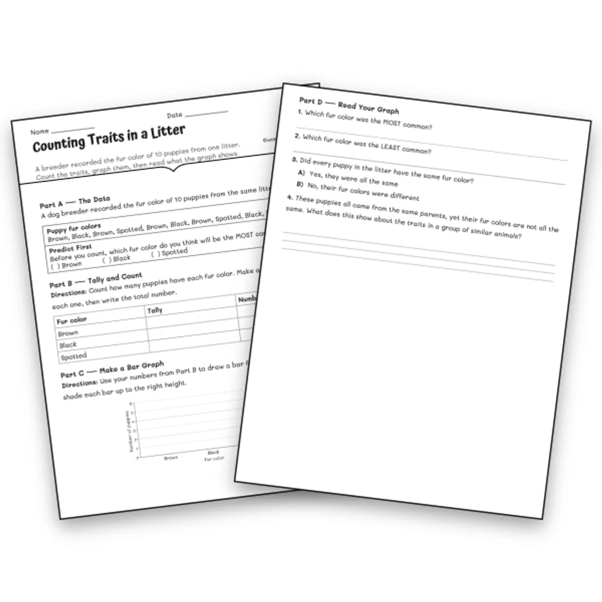 Counting Traits in a Litter — science worksheet for Grade 3, Grade 4, Grade 5, page 1 of 1