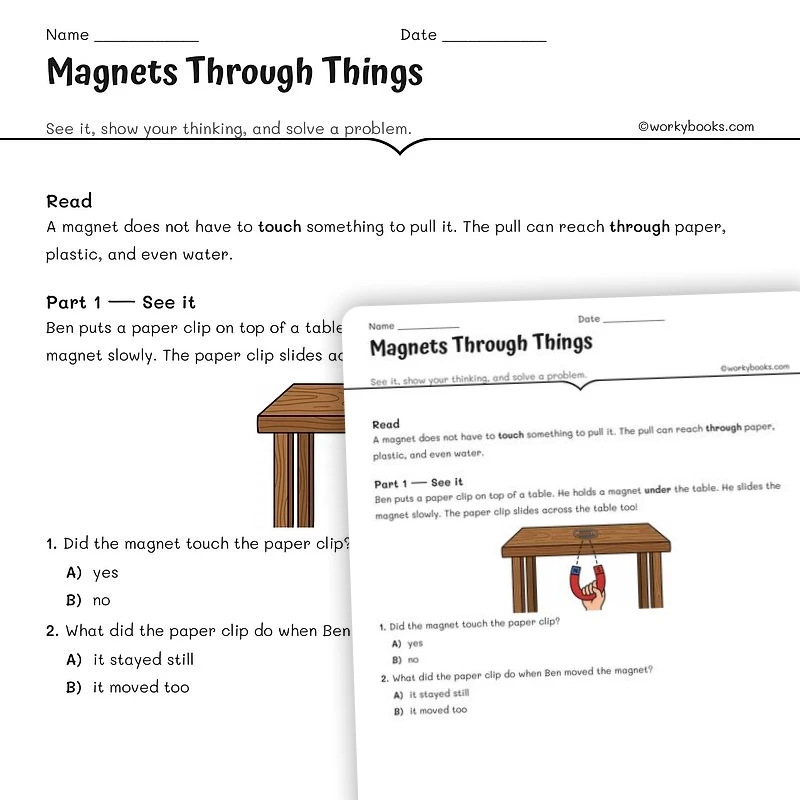 Magnets Through Things — science worksheet for Grade 3, page 1 of null