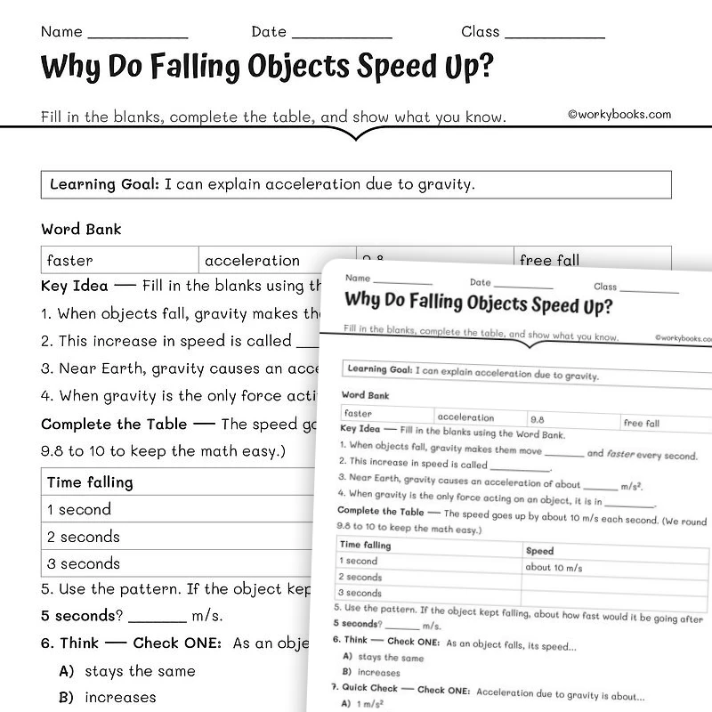 Why Do Falling Objects Speed Up — science worksheet for Grade 5, Grade 6, Grade 7, Grade 8, page 1 of null