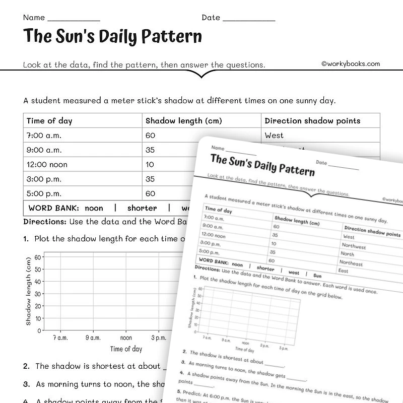 The Sun's Daily Pattern — science worksheet for Grade 5, Grade 6, page 1 of null