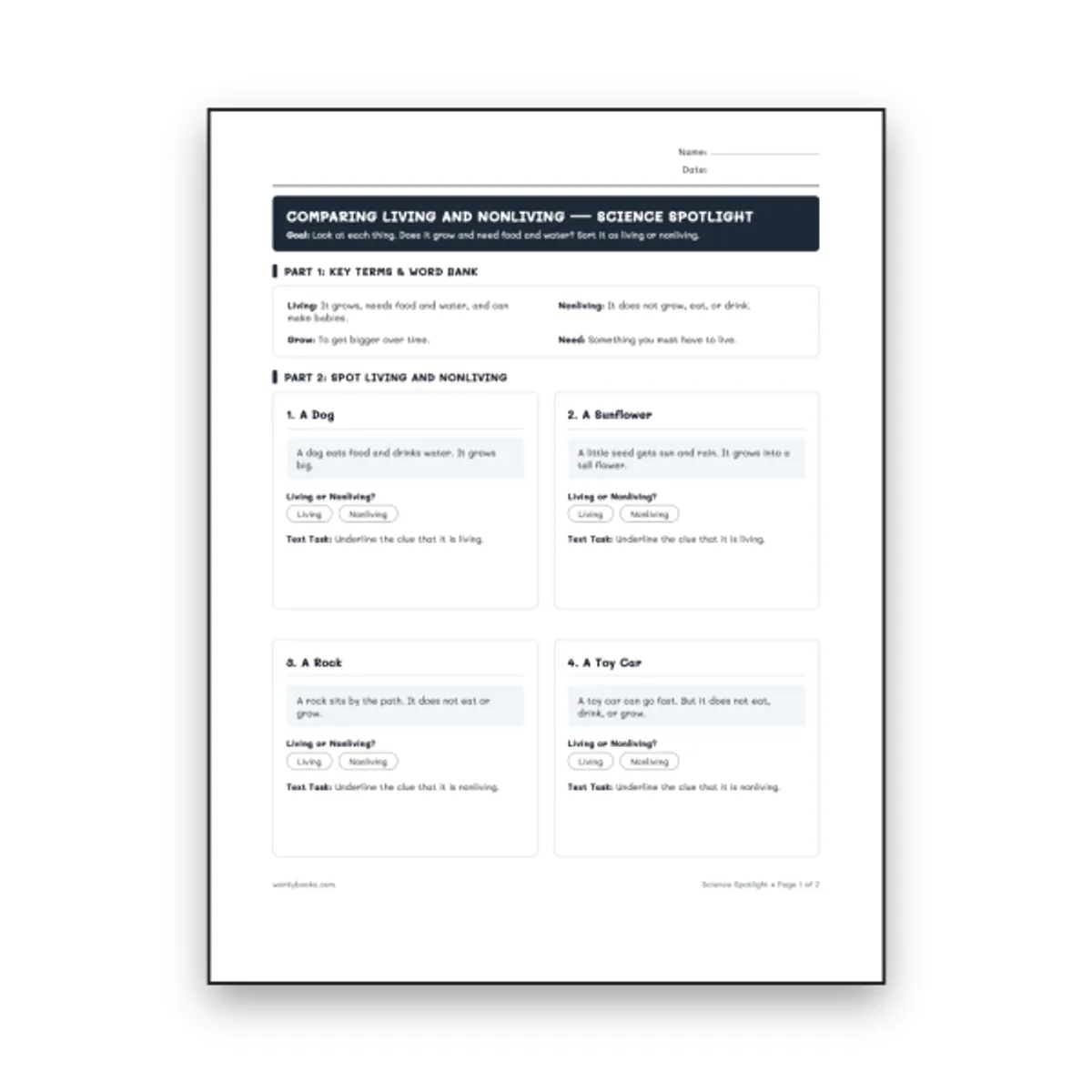 Comparing Living and Nonliving — science worksheet for Grade K, Grade 1, Grade 2, page 1 of null