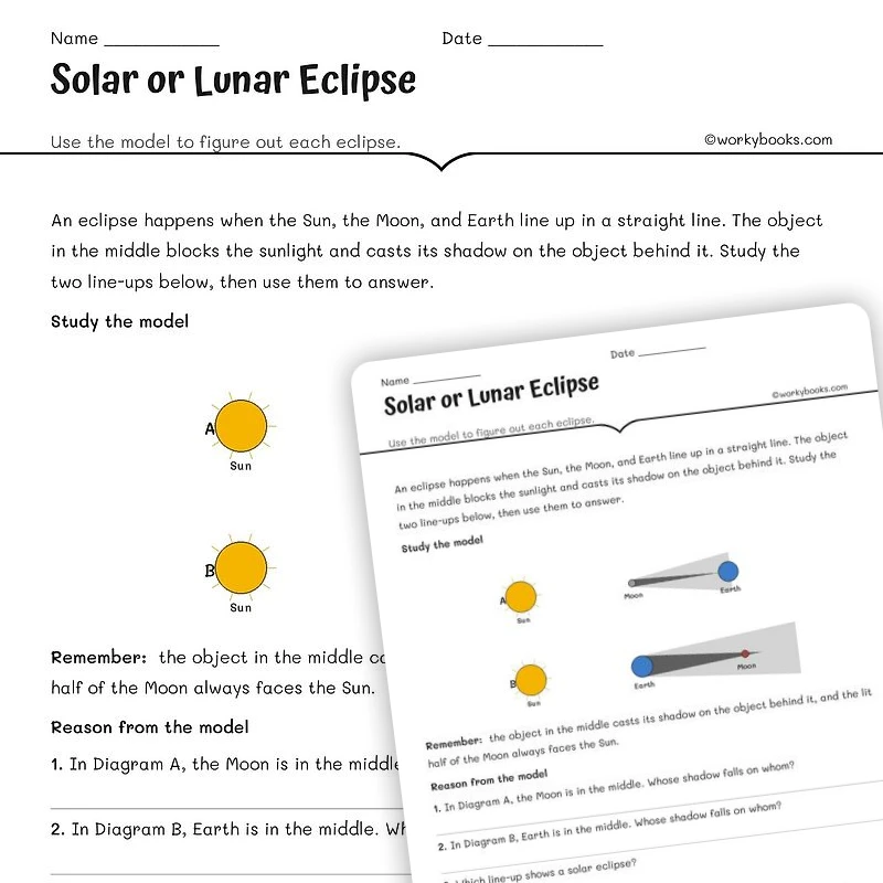 Solar or Lunar Eclipse — science worksheet for Grade 6, Grade 7, Grade 8, page 1 of null
