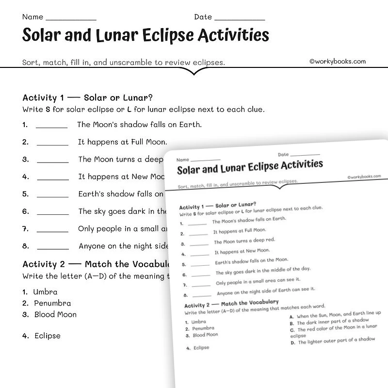 Solar and Lunar Eclipse Activities — science worksheet for Grade 6, Grade 7, Grade 8, page 1 of null