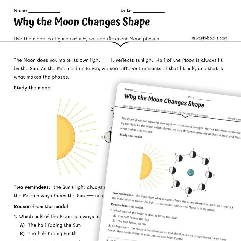 Why the Moon Changes Shape — science worksheet for Grade 6, Grade 7, Grade 8, page 1 of null