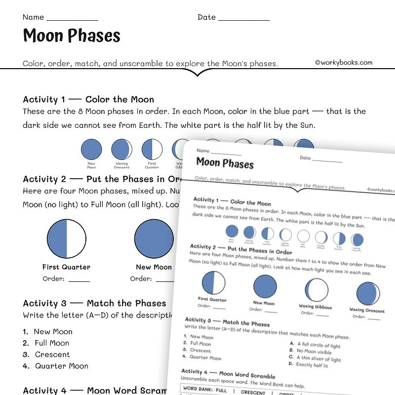 Moon Phases Activity — science worksheet for Grade 6, Grade 7, Grade 8, page 1 of null