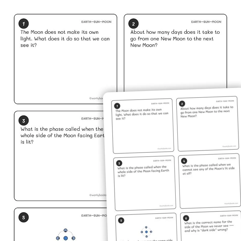 Earth-Sun-Moon System Task Cards — science worksheet for Grade 6, Grade 7, Grade 8, page 1 of null