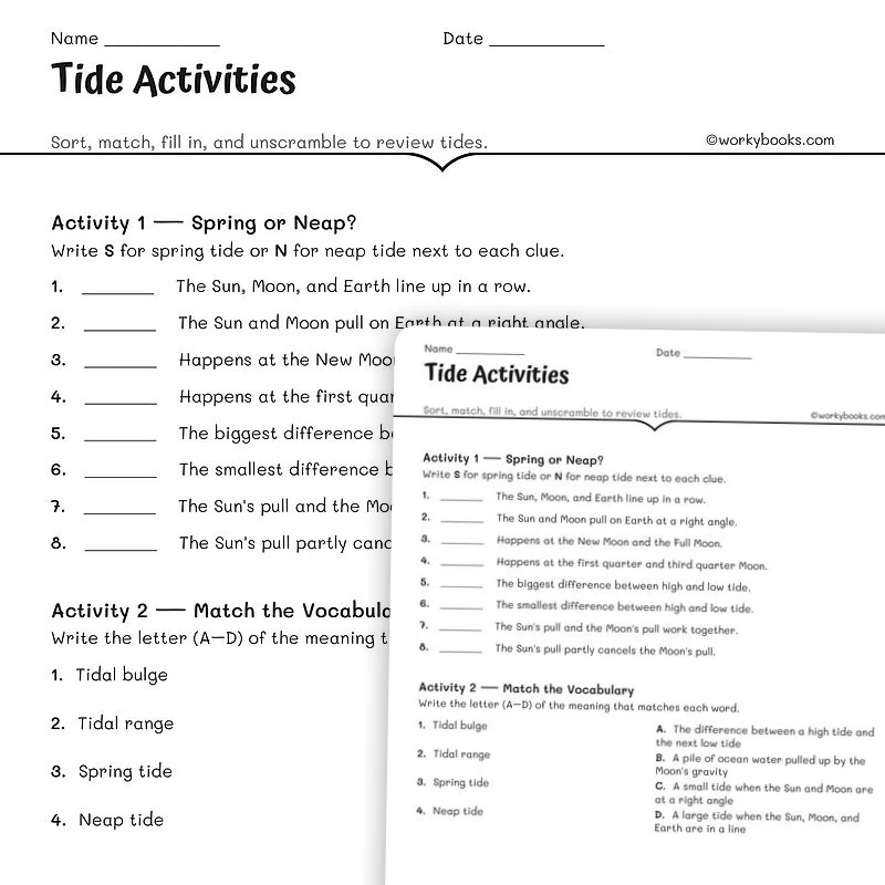 Tide Activities — science worksheet for Grade 6, Grade 7, Grade 8, page 1 of null