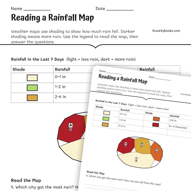 Reading a Rainfall Map — science worksheet for Grade 5, Grade 6, Grade 7, Grade 8, page 1 of 1