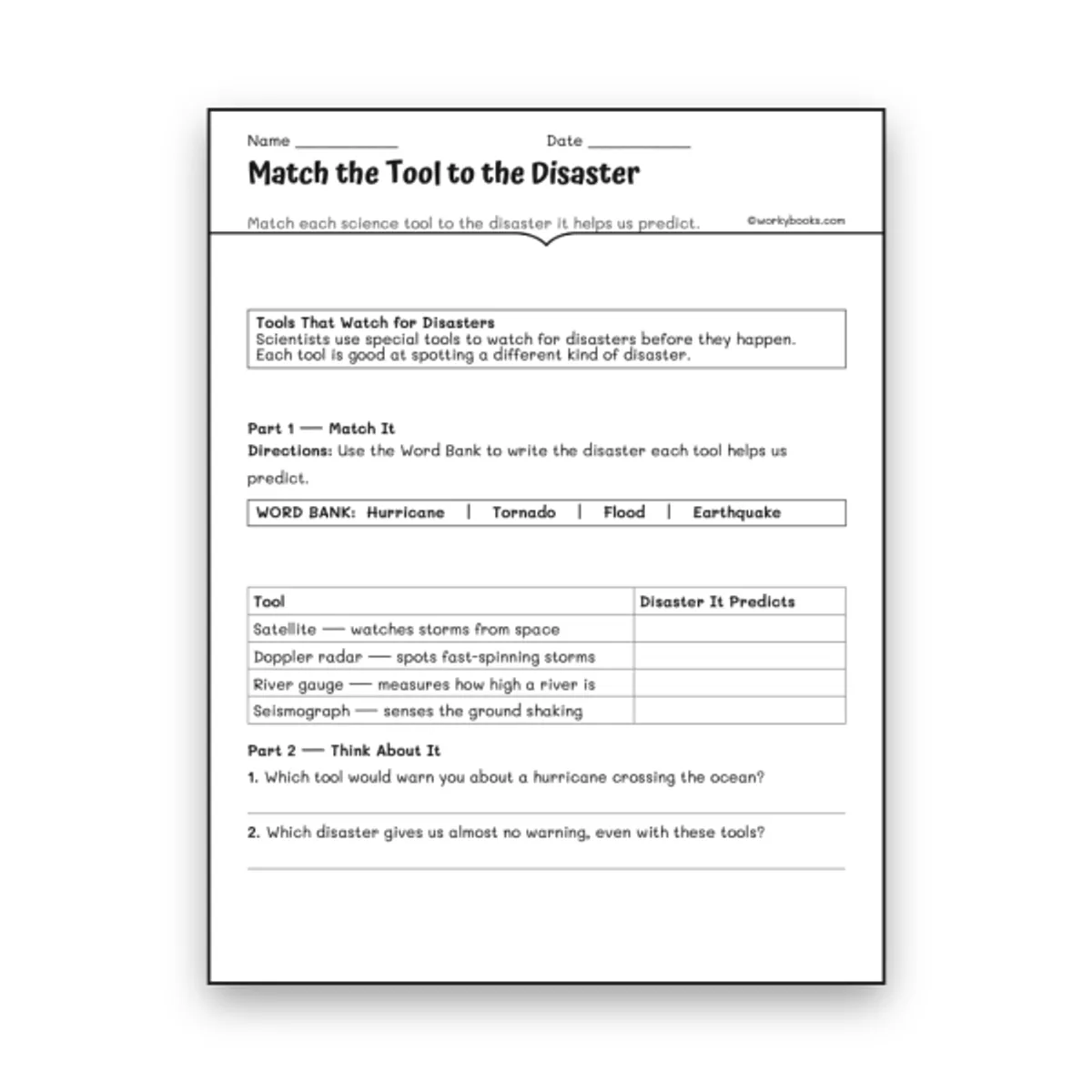 Match the Tool to the Disaster — science worksheet for Grade 6, Grade 7, Grade 8, page 1 of 1