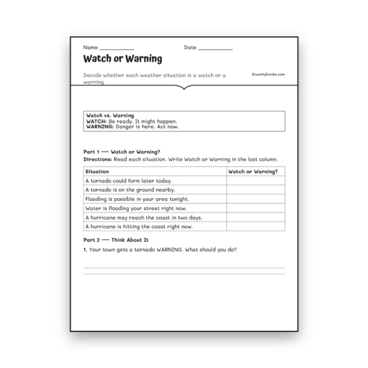Watch or Warning — science worksheet for Grade 6, Grade 7, Grade 8, page 1 of 1