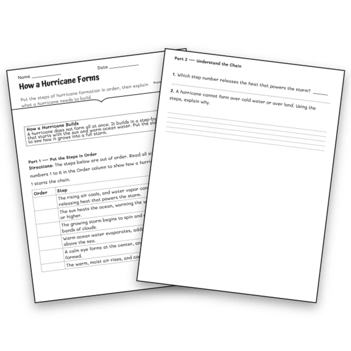 How a Hurricane Forms — science worksheet for Grade 5, Grade 6, Grade 7, Grade 8, page 1 of null