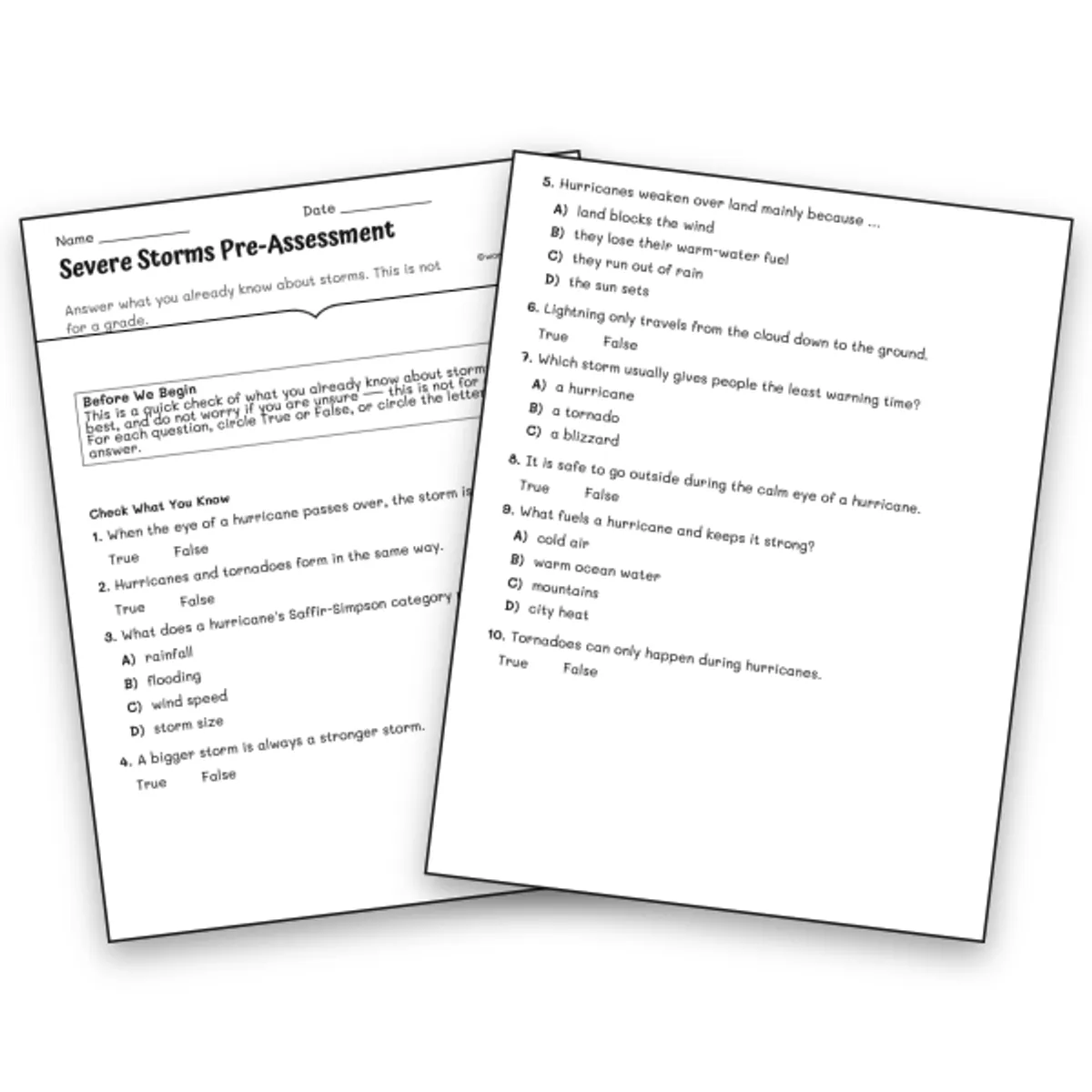Severe Storms Pre-Assessment — science worksheet for Grade 5, Grade 6, Grade 7, Grade 8, page 1 of null