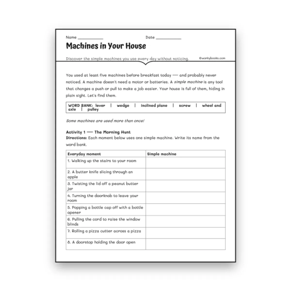 Machines in Your House — science worksheet for Grade 5, Grade 6, Grade 7, page 1 of null