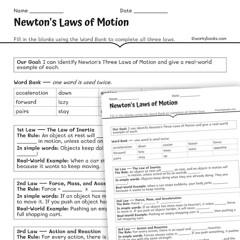 Newton's Laws: True or False Challenge — science worksheet for Grade 5, Grade 6, Grade 7, Grade 8, page 1 of null