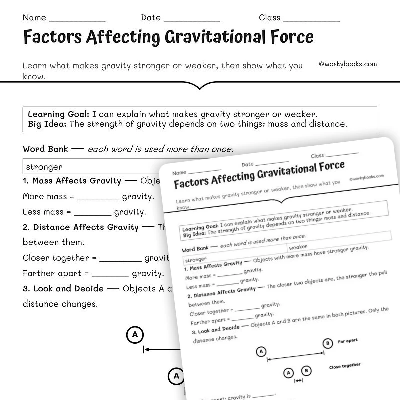 Factors Affecting Gravitational Force — science worksheet for Grade 5, Grade 6, Grade 7, Grade 8, page 1 of null